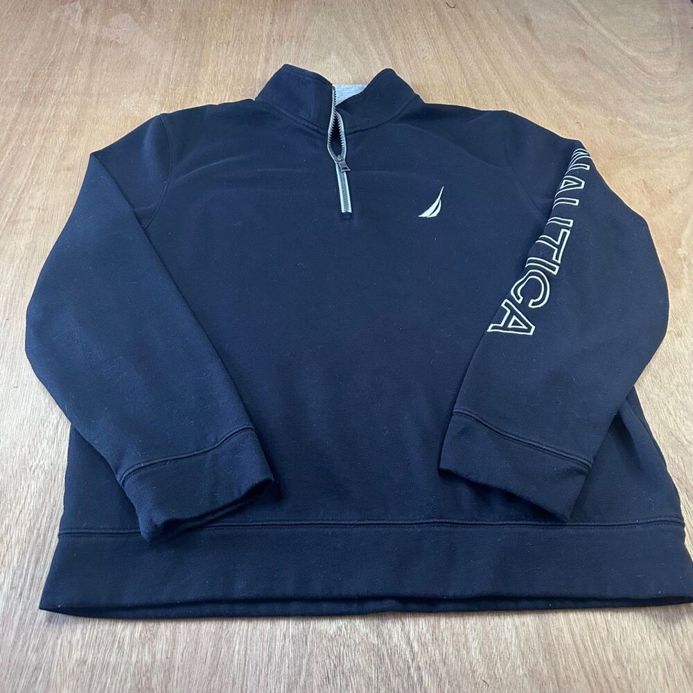 Nautica Men’s Quarter Zip Sweatshirt Black Logo Sleeve Pullover Size L